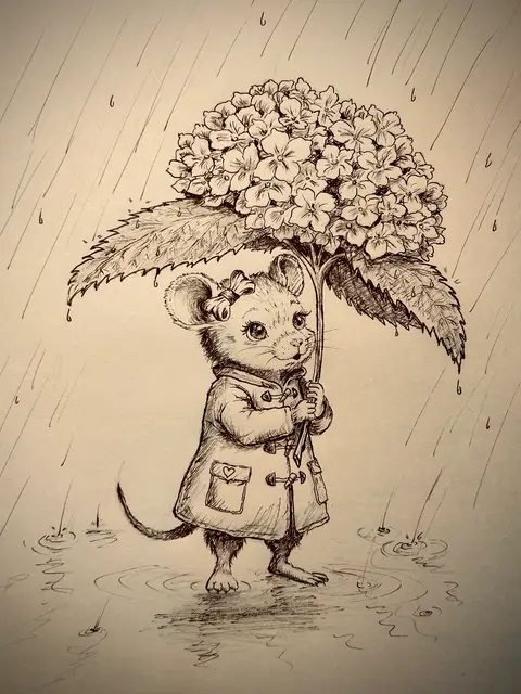 雨の中、アジサイの花と葉っぱを傘にして立つ、子ネズミのペン画。耳にリボン、ハートのポケットがついたダッフルコート。足もとに水たまり。鉛筆とペンで描いたモノクロの絵本風イラスト。