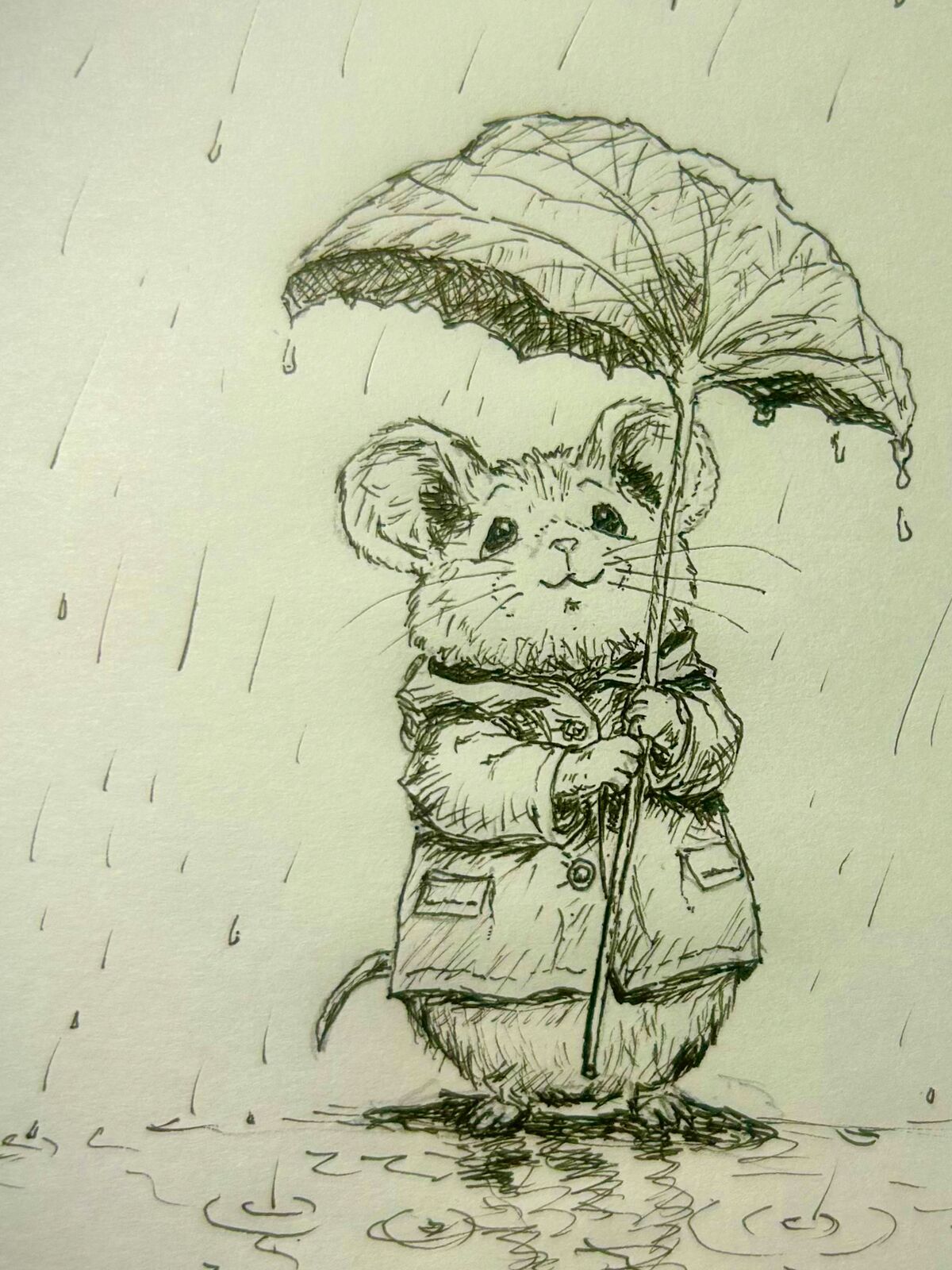 雨の中、葉っぱの傘を差してコートを着たかわいいネズミが立っているペン画。
