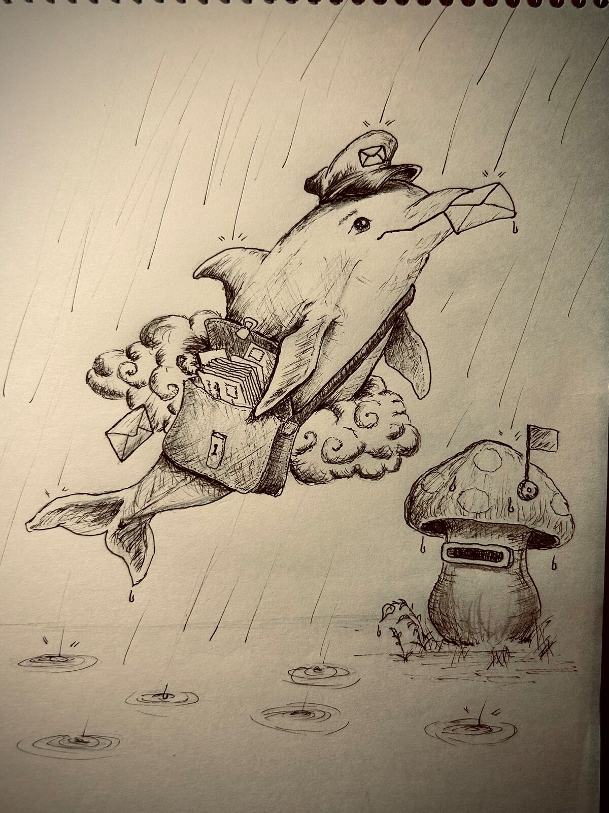 帽子をかぶったイルカが、口に手紙をくわえ、手紙でいっぱいのかばんを下げて、雨の中を泳いでいるペン画。腰のまわりに、雲を巻いている。帽子には、手紙のマーク。手紙が1通、かばんから落ちていく。右下に、旗のついた、キノコの形のポスト。地面の水たまりに、雨の波紋。鉛筆とペンで描いたモノクロの絵本風イラスト。