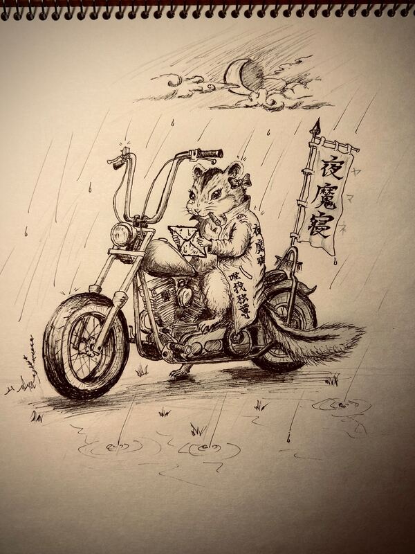 Pen and ink drawing: on a rainy night, a tiny dormouse sits on a big motorcycle with high handlebars. A bow by her ear, a cigar-shaped candy in her mouth. Her long coat has kanji written on it. She holds a wet envelope in both hands, looking at it. Her long, bushy tail trails behind. A flag with three kanji stands at the back of the bike. A crescent moon peeks out from the clouds. Puddles and grass on the ground. A monochrome, picture-book style drawing in pencil and pen.
