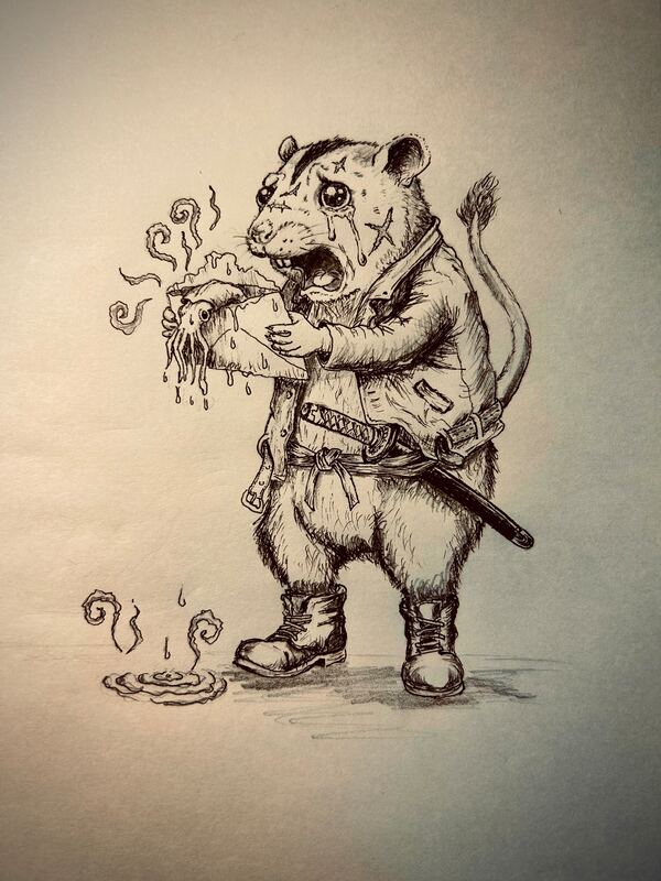 Black-and-white pencil and ink drawing: a dormouse dad standing on two legs, crying big tears with his mouth wide open. He wears a jacket, a tied belt and boots. He holds a wet envelope with a limp squid dangling out, dripping. Wavy smell lines rise from the envelope and from a puddle by his feet. His thin tail has a tuft at the tip.