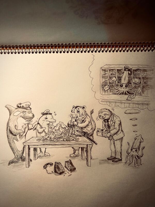 Black-and-white pencil and ink drawing. A table piled with dried squid that have little eyes. From the left: an orca in a postmaster's cap laughs with eyes closed, holding a dried squid, one fin on the dolphin's shoulder. The dolphin, in a mail cap with a bag strap, holds a squid in its mouth, with little hearts nearby. The dormouse dad cries as he chews a dried squid with both hands; jacket and boots, a thin tail with a tuft at the tip. A sloth in a suit and tie bows, offering a wooden box of dried squid. At the right, a squid stands on its legs; in a cloud-shaped thought bubble above, a squid in a mail cap sorts letters at a shelf with its many legs. On the floor: a phone receiver and a black phone split in two.