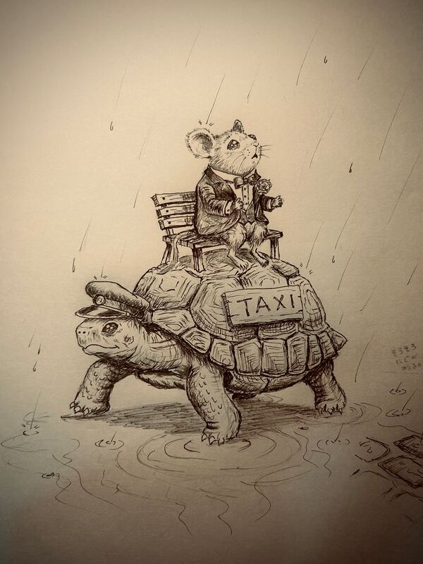 Ink drawing. A tortoise taxi in a driver's cap. A mouse in a tuxedo rides on its shell in the rain.