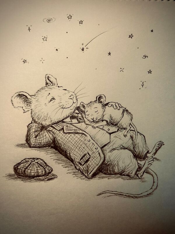 Ink drawing. Under a starry sky, a little mouse sleeps on a big mouse's tummy, a hand on its back.