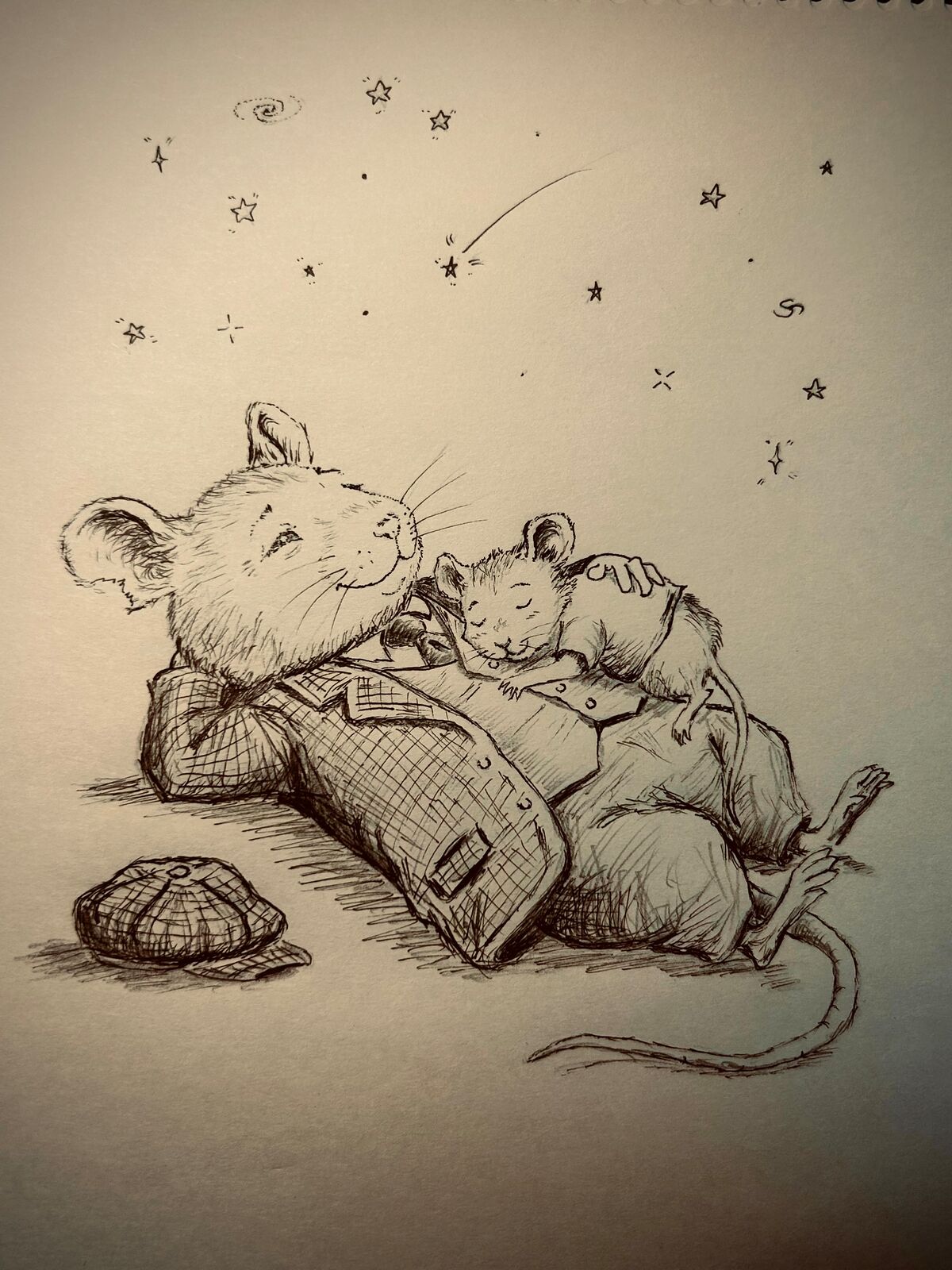 Ink drawing. Under a starry sky, a little mouse sleeps on a big mouse's tummy, a hand on its back.