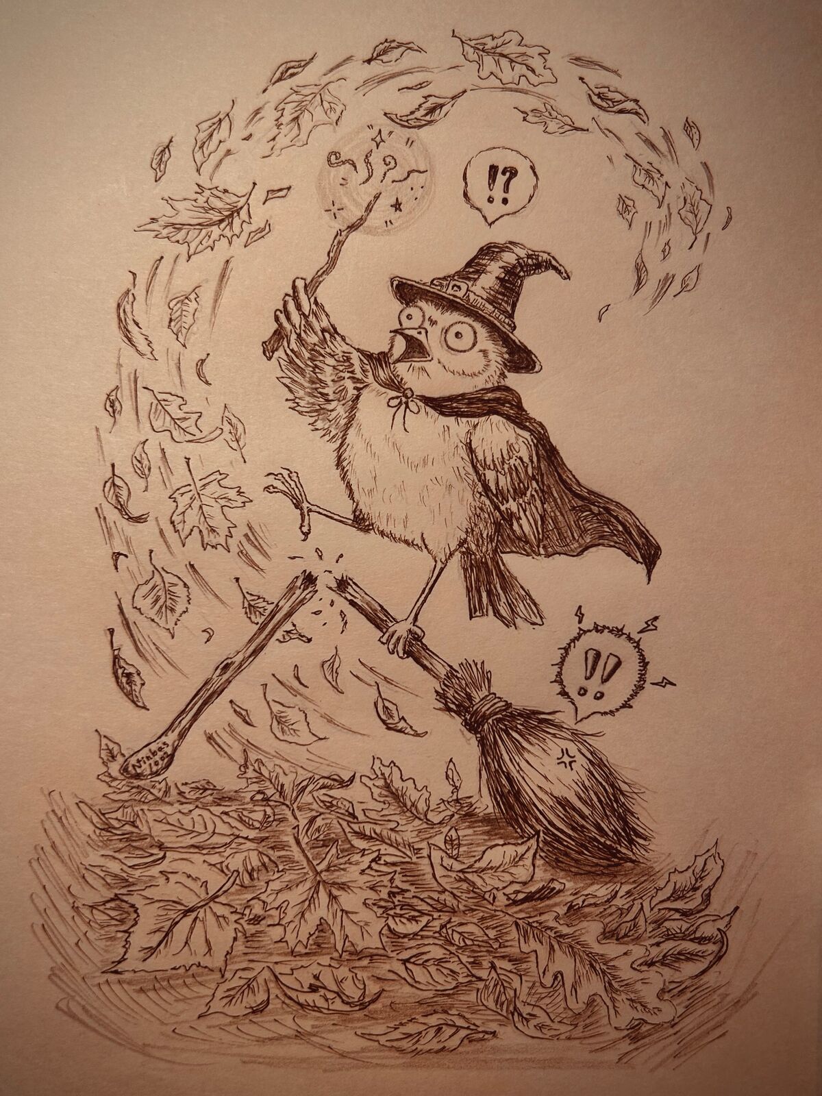 鉛筆とペンの絵：落ち葉の渦の中、杖をふりあげ、目をまんまるにした魔女の小鳥。乗っていたほうきが、まんなかで折れ、ほうきは怒っている。