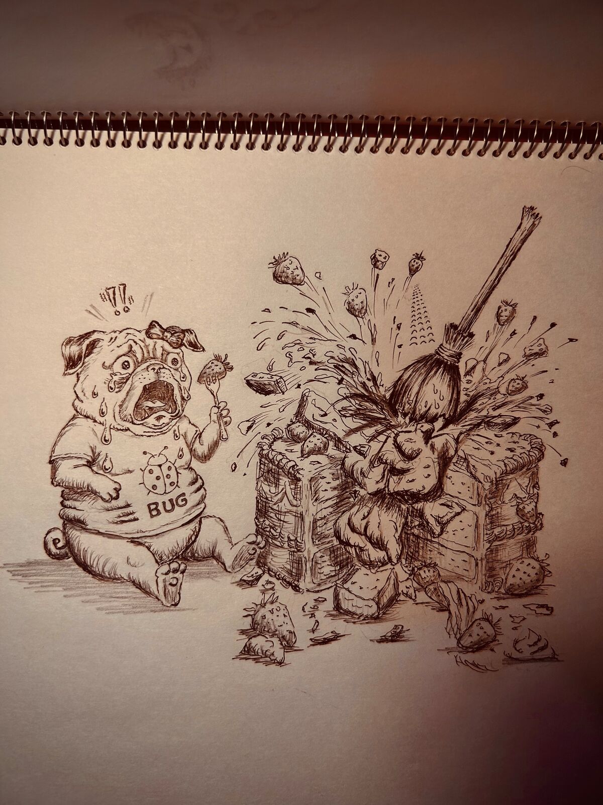 Pen drawing: a broken broom stuck in a burst cake. A crying pug in a BUG tee holds a fork.